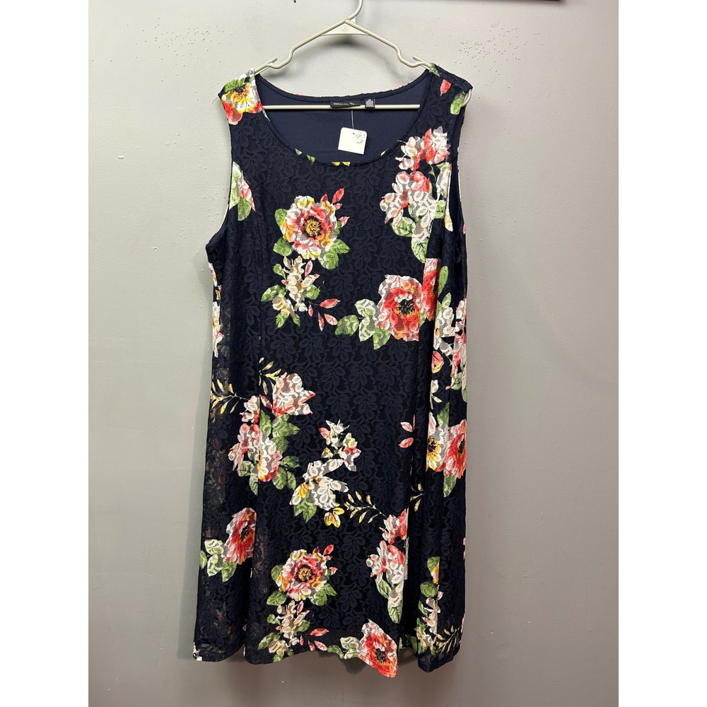 Nina Leonard Dress Womens 2X Navy Blue Floral Lace Sleeveless Shift Round Neck